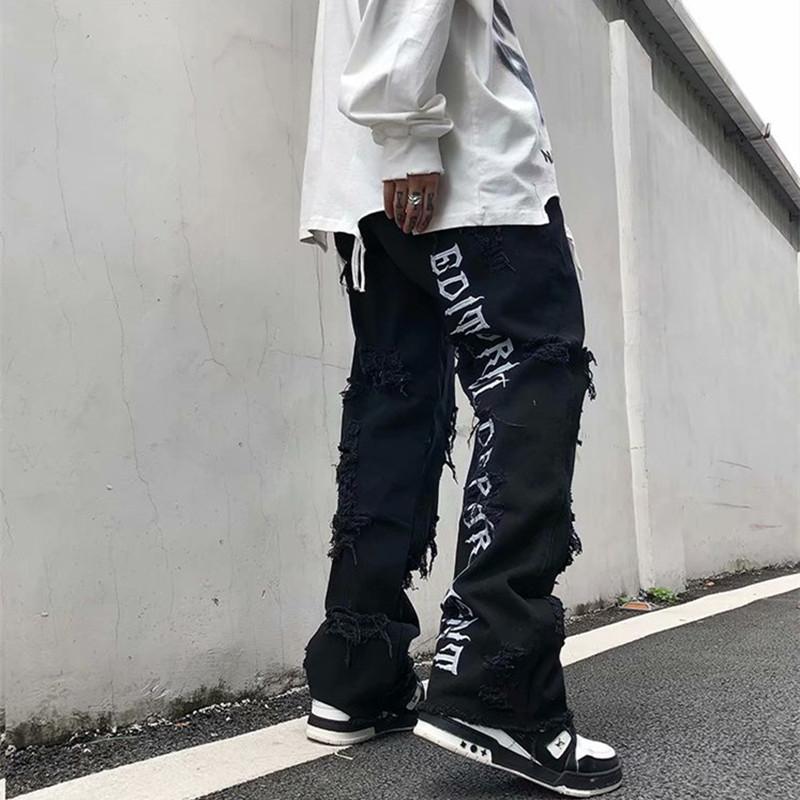 Ripped Jean Hip Hop Man Pants Trends Clothes Letter Y2k Print Men's Streetwear Women's Flare Goth Harajuku Baggy Trendyol