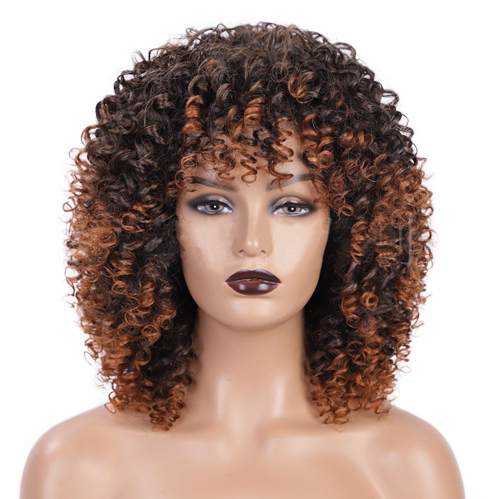 Beautiful Short Curly Synthteic Hair Wigs with Bangs for Black Women Afro Curly wig Brown Ombre Color Wave wig