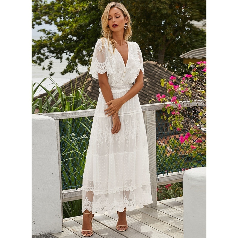 Hollow Out White Dress Sexy Women Long Lace Dress Cross SemiSheer Plunge VNeck Short Sleeve Lace Maxi Dress 220527