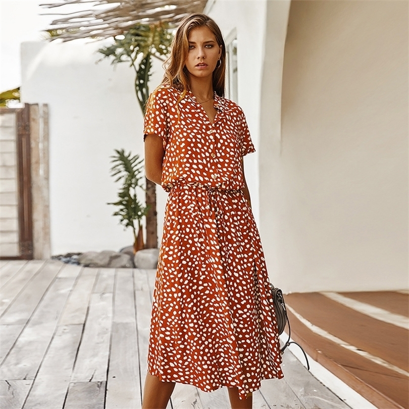 Fashion Polka Dot Print Dress Women High Waist Sashes A Line Summer Dress Short Sleeve SingleBreasted Bohemian Midi Dresses T200603