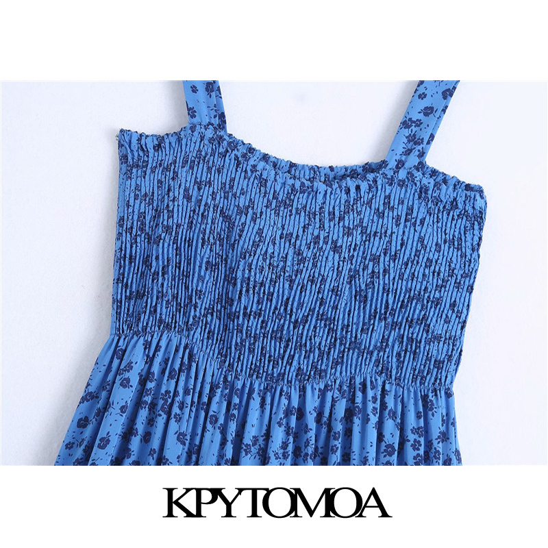 Women Chic Fashion Elastic Smocked Printed Midi Dress Vintage Straight Neck Straps Female Dresses Vestidos Mujer 220526