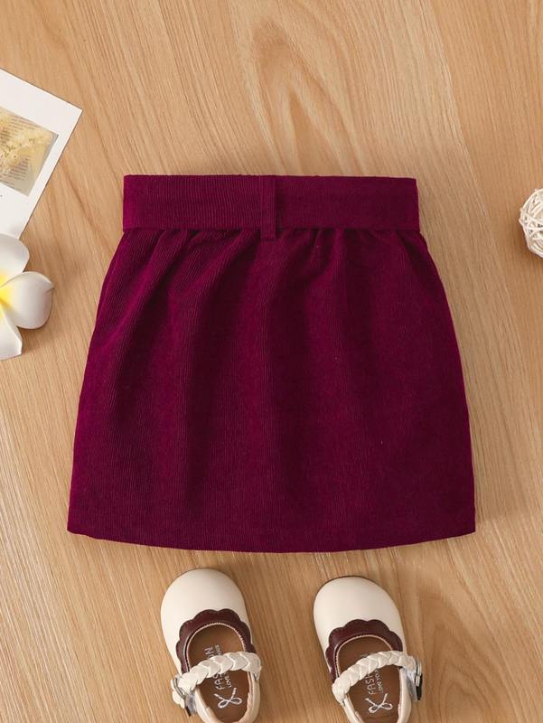 Baby Button Front Patched Pocket Belted Corduroy Skirt SHE