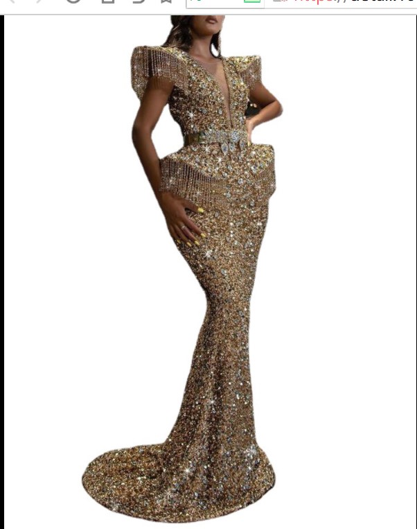 Prom Dresses Sexy Golden Sequin Tassel Deep V-neck Full Dress Long Sleeves Women Bride Dress