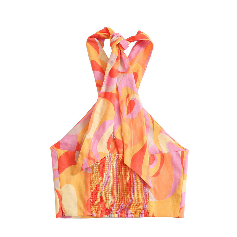 DUOPERI Women Fashion with Crossover Straps Tank Sexy Printed Tops Strapless Slim Fitted Female Camis Chic Crop Top 220316