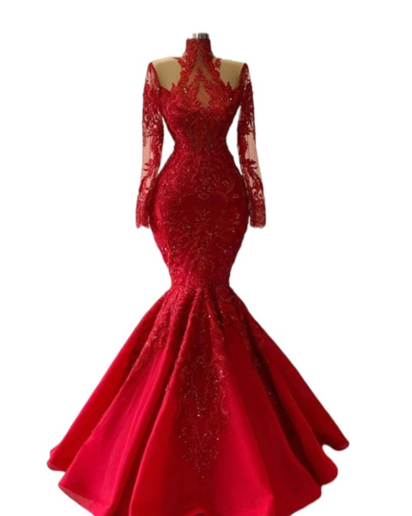 Red Applique Mermaid Prom Dresses evening gown 2022 Real Image High Neck Illusion Long Sleeve lace-up corset princess trumpet Dress