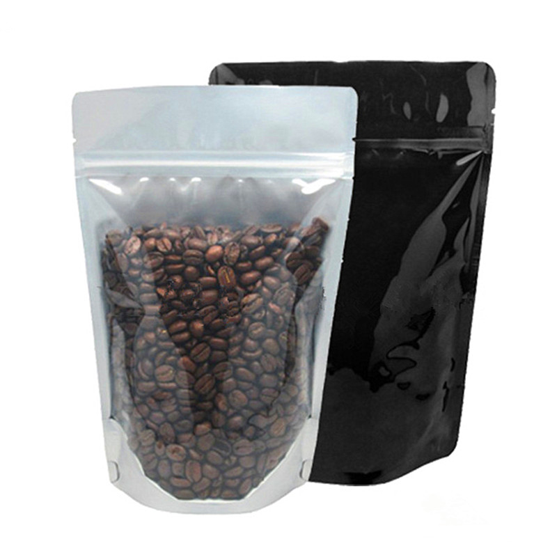 100pcs Clear Front Glossy Black Aluminum Foil Zip Lock Bag Resealable Bakery Cookies Nuts Tea Snack Ground Coffee Seeds Cereals Kitchen Packaging Pouc