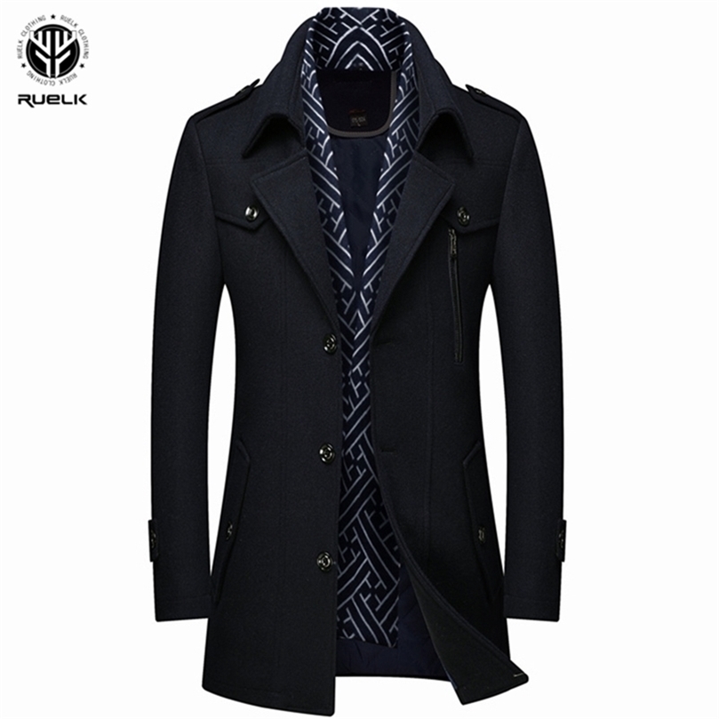RUELK Autumn And Winter Thick Men's Woolen Windbreaker Trench Coat Scarf Collar Mid-Length Woolen Coat Jacket Men Coat 201222