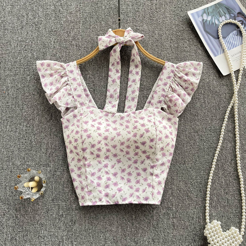 SINGREINY Summer Floral Strap Tops Women Square Neck Bow Ruffles Short Camisole Fashion Korean Flower Ladies Elastic Waist Top 220325