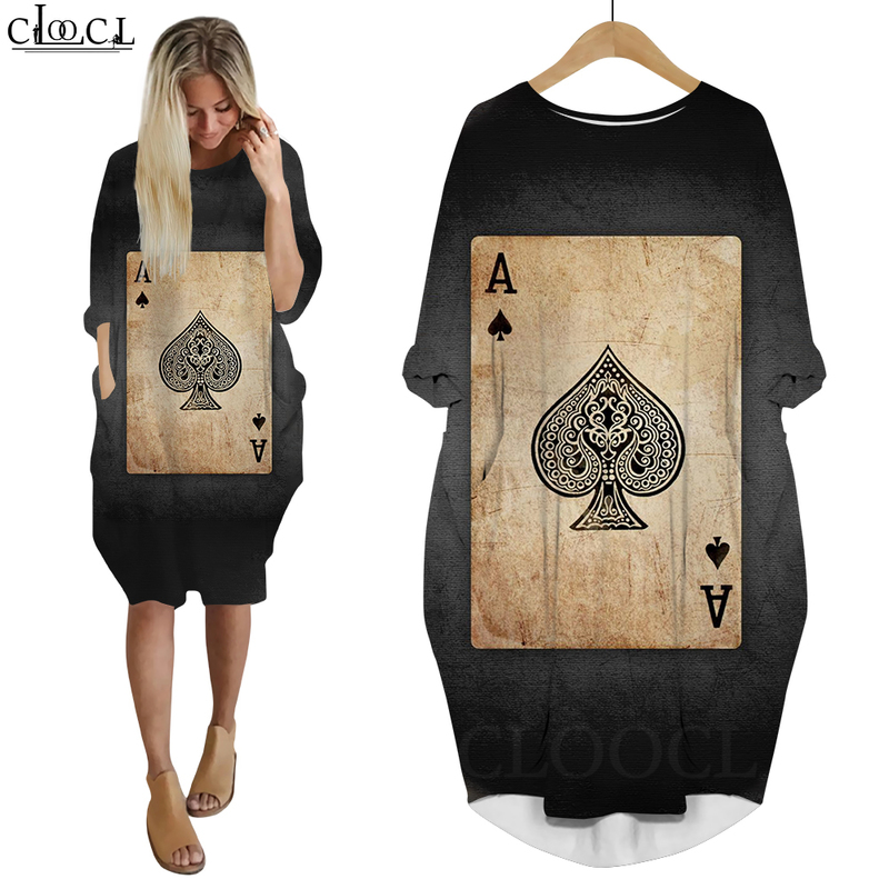 Women Dress Playing Cards of Spades 3D Graphics Loose Daughter Dresses Long Sleeve Fashion Summer Gown Pocket Dress W220616