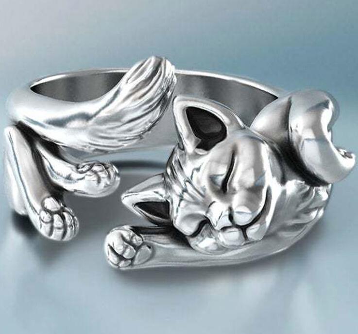 Vintage Cat Rings Women Jewelry Birthday Gift Trendy Open Size 925 Sterling Silver Ring Girl Party Accessores GC892
