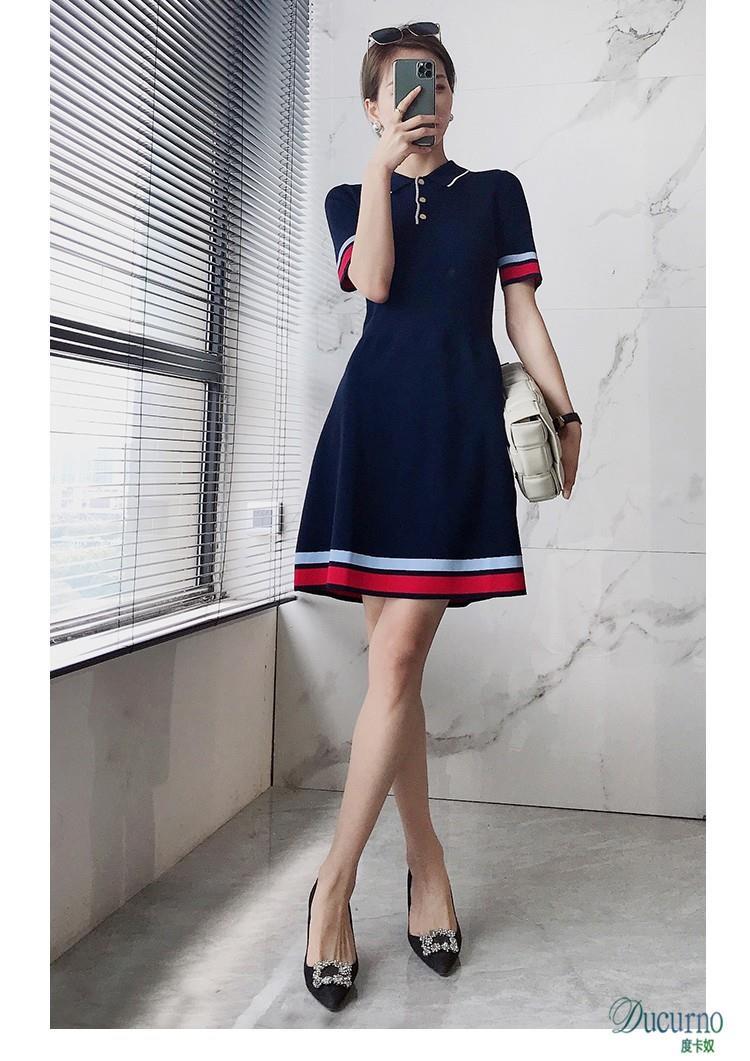 New Womens color block turn down collar short sleeve knitted a-line casual summer dress SMLXLXXL