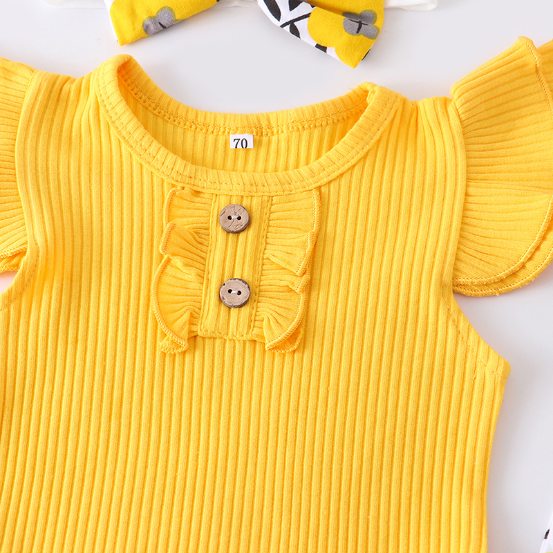 Baby Girl Summer Clothes Set Fashion born Infant Knitting Cotton Ruffles Romper Shorts Bow Headband 3Pcs For Toddler Outfits 220509