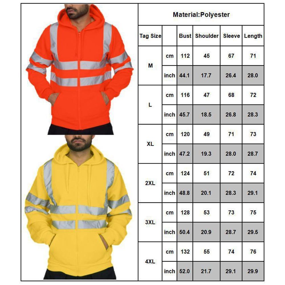 Men's Hoodies Sweatshirts Tops Fleece Sweatshirt Zip Hooded Night Work High Visibility Jacket Hi Viz Vis Reflective Pullover Hoodie 230206
