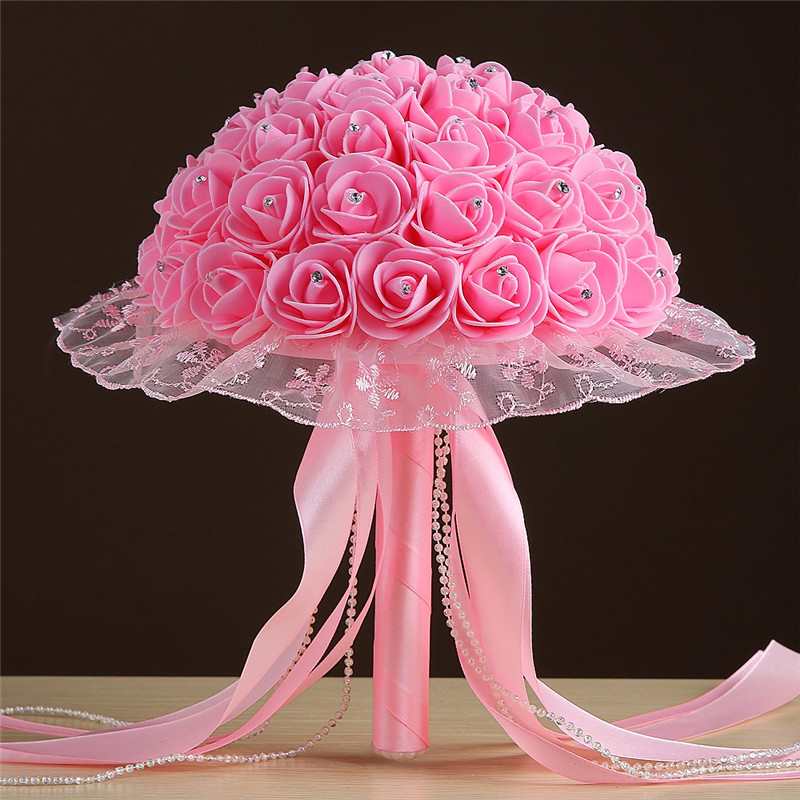 Bridal Wedding Ribbon Beaded Holding Flower Foam Simulation Flower White Rose Bouquet Multicolor