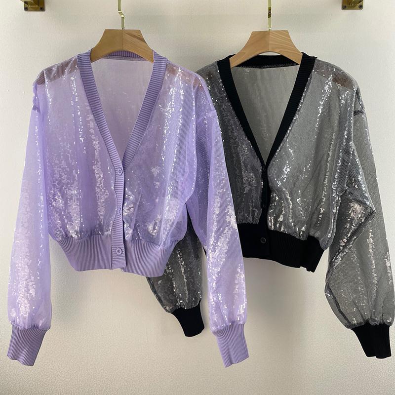Women' Knits & Tees Covered Sequins Mesh Cardigan Women High End Quality Purple Black Patchwork Knitted Edge V-Neck Long Sleeve Party Tops
Women' Knits & Tees Covered Sequins Mesh Cardigan Women High End Quality Purple Black Patchwork Knitted Edge V-Neck Long Sleeve Party Tops