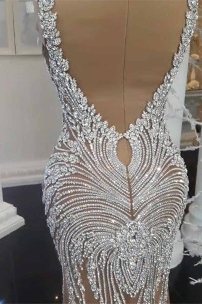 Champagne Mermaid Evening Dresses 2022 Yousef Aljasmi Sparkly Crystal See Through V-neck Prom Gown beaded robe soiree