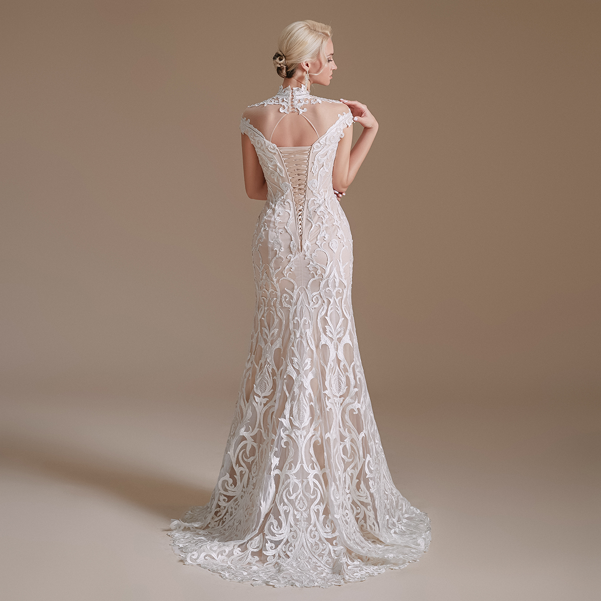 Vintage High Neck Lace Mermaid Wedding Dresses Sheer Cap Sleeves Beaded Illusion Backless Sweep Train Bridal Gowns vestidos de novia Wedding Dress CPS