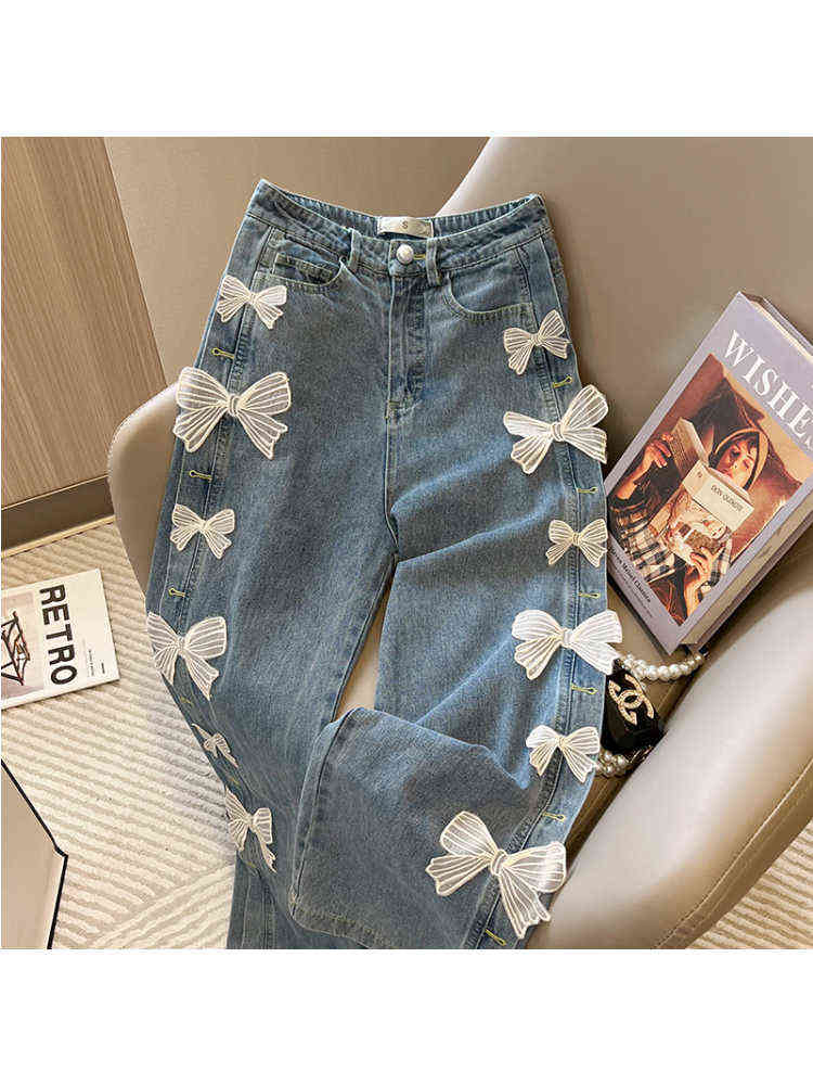 Single Row Bow Blue Jeans Women's Spring And Summer New Fashion Casual High Waist Wide Leg Straight Denim Trousers Female Pants T220728
Single Row Bow Blue Jeans Women's Spring And Summer New Fashion Casual High Waist Wide Leg Straight Denim Trousers Female Pants T220728