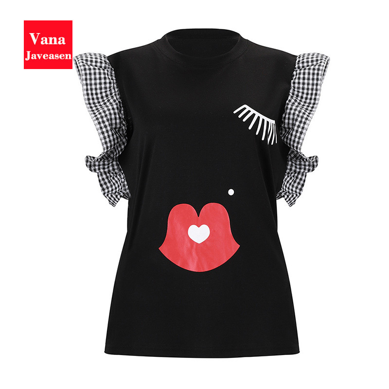 Vana Javeasen Women Ruffle Fashion T-Shirt Eyelashes Red Lips Print Tees O-Neck Butterfly Sleeve Woman's Clothes Simple Tops 220411