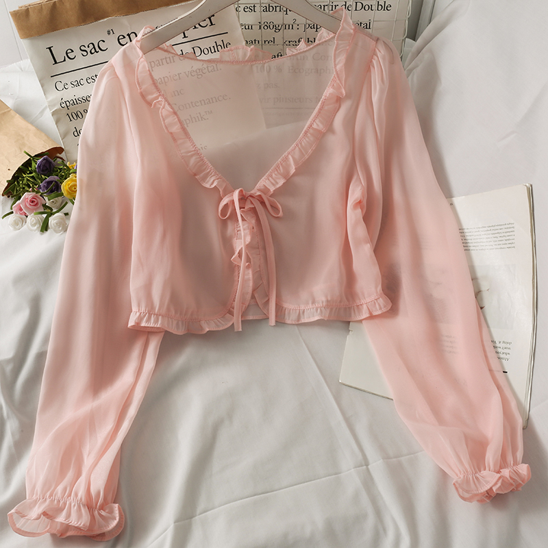 Pearl Diary Women Sheer Chiffon Beach Cover Up Top Long Sleeve See Through Summer Ruffle Neckline Tie Front Casual Cute Tops 220516