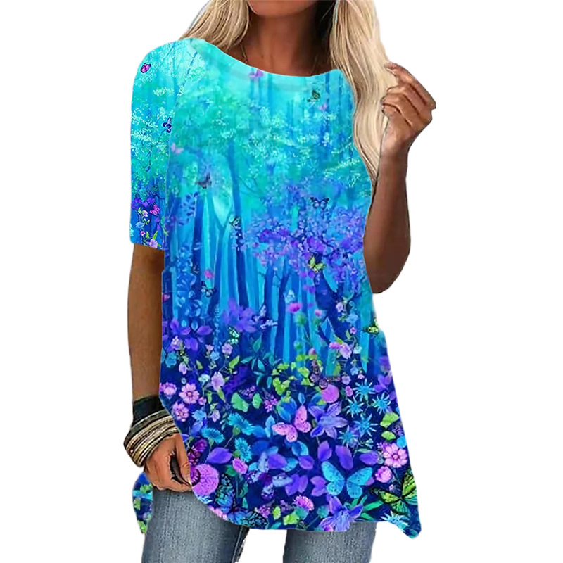 Women s T Shirt Green Blue Red Short Sleeve Floral Gradient Print Top Autumn Summer Round Neck Casual Fashion 220628