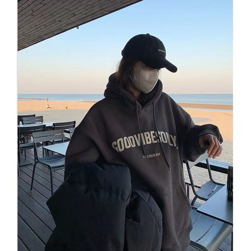Womens Clothing Grey Vintage Street Sweatshirt Hoodie Letter Printing Long Sleeves Casual Warm Oversize Baggy Ladies Tops Autumn 220817