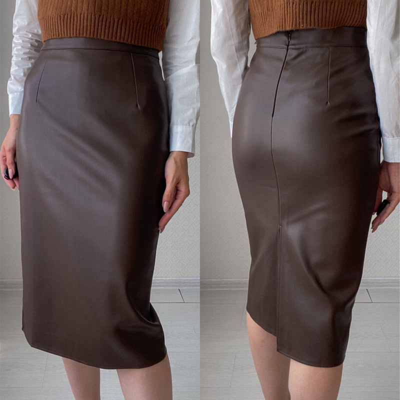 REALEFT Autumn Winter PU Faxu Leather Women Mi-long Wrap Skirts High Waist Back Split Sheath Pencil Sexy Skirt Female 220317