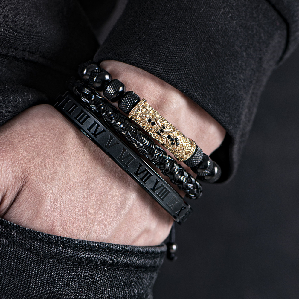 Luxury 3pcs/Set Flower Charm Gold Bangles Stainless Steel Bracelet Men Roman Number Europe Fashion Jewelry Gift For Male Female