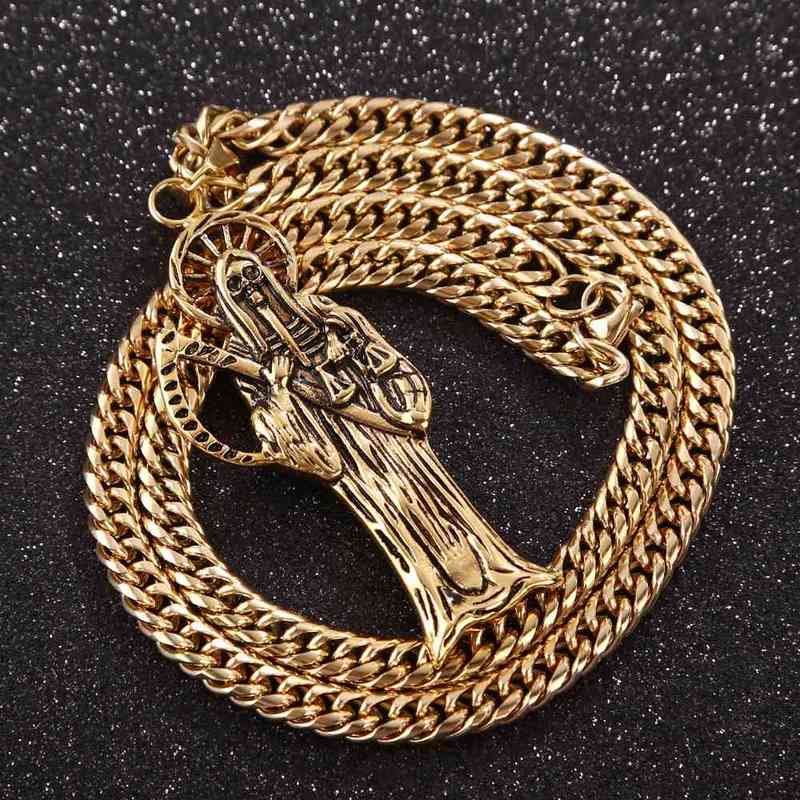 316L Stainless Steel Holy Saint Death Santa Muerte Pendant With 9MM Chain Men039s Necklace Gold Tone DIY Jewelry Making Gifts20