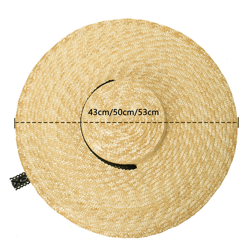 Vintage Large Brim Straw Hat for Women Flat Top Summer Beach Cap Shallow Crown Boater Sun Hats Ribbon Tie Wicker Hat 220601