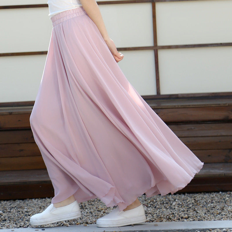 Spring Skirt 3 Layer Chiffon Long Skirts For Women Elegant Casual High Waist Boho Beach Maxi Saias Femme 80/90/100cm 220322