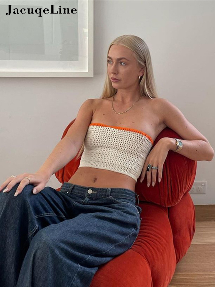 JacuqeLine Summer Y2K Green Knitted Strapless Crop Top Women Sleeveless Patchwork Vintage Bandage Sexy Tank Tops Backless 220316