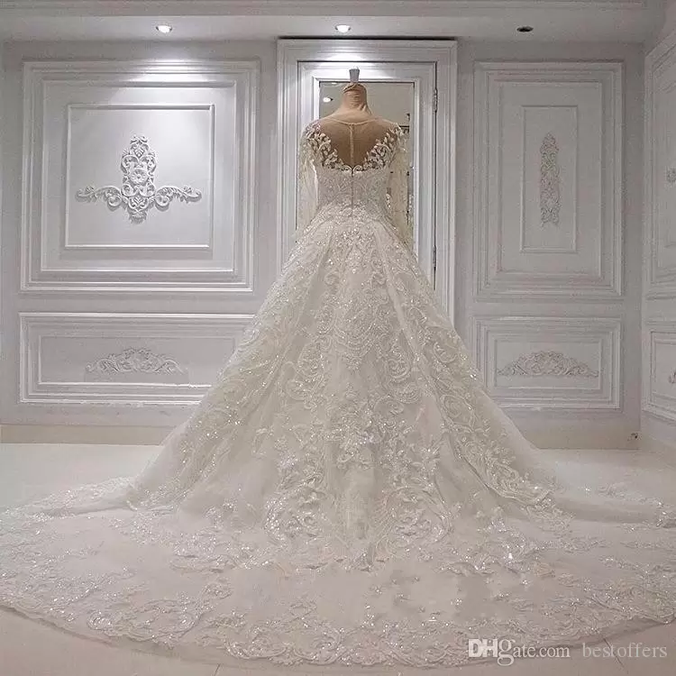 urious Long Sleeves Beaded Sequin A e Dresses V Neck Crystal Sheer Backless Plus Size Bridal Wedding Gowns BC1244