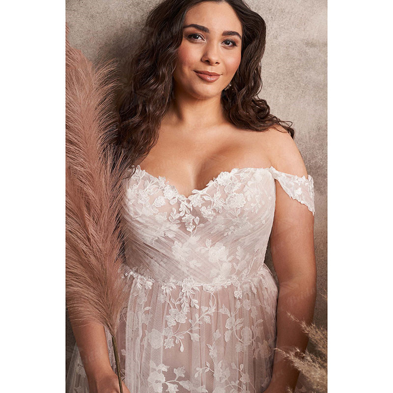 Plus Size Beach Wedding Dresses 2022 Full Lace Tulle vestido de novia Off Shoulder Bohemian Pleats V Neck Bridal Gown