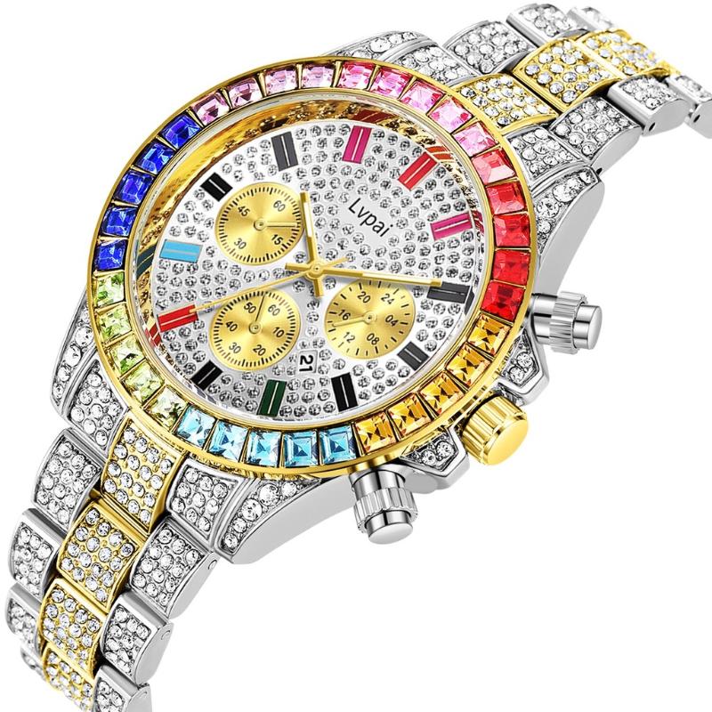 Wristwatches Brand Women Watches Iced Out Diamond Hip Hop Men Luxury Large Dial Calendar Quartz Wrist Watch Top Gold Clock
Wristwatches Brand Women Watches Iced Out Diamond Hip Hop Men Luxury Large Dial Calendar Quartz Wrist Watch Top Gold Clock