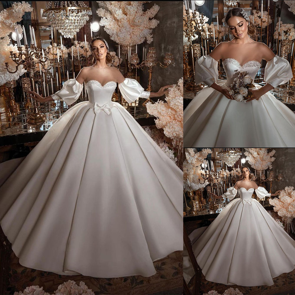 Ball Gown Wedding Dresses Appliques Sequins Beads Sweetheart Neck Detachable Sleeves Bow Tie or Length Train Elegant High Waist Vintage Robes De Soire