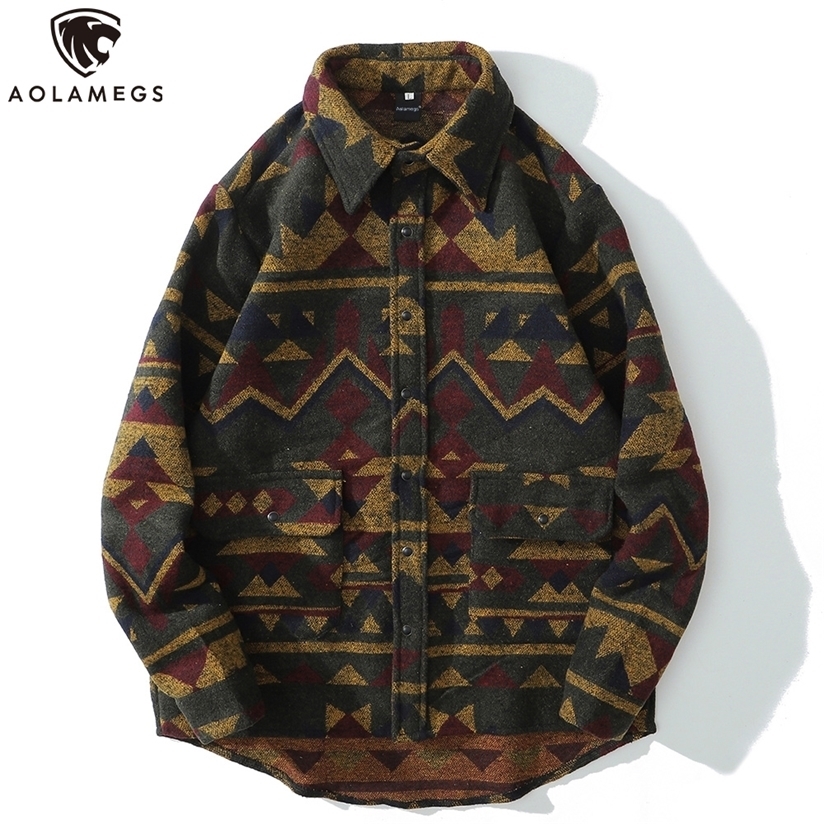 Aolamegs Patchwork Color Retro Geometric Pattern Men Shirt Thick Casual Baggy Big Pockets Harajuku High Street Autumn Streetwear 220330