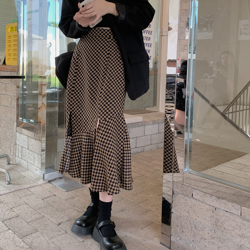 Slim Vintage High Waist Plaid Mermaid Skirt Women Split Autumn Mid Faldas Mujer Fashion OL Temperament Trumpet Sexy Street 220322