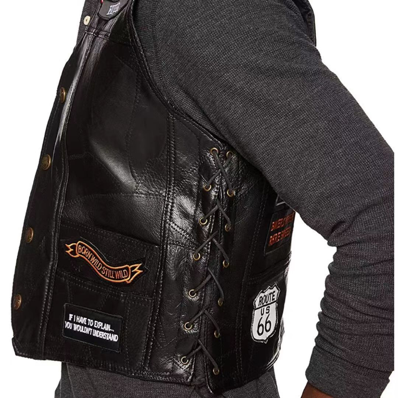 Four Seasons Sleeveless Jacket Leather Men Motorcycle Vest Embroidery Sheepskin Splicing Biker Waistcoat Male Classic Retro 220727
