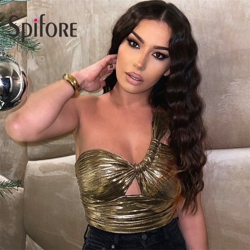 Spifore Summer Ruched Women Gold Crop Top Sexy One Shoulder Wrap Sheath Tank Fashion Party Clubwear Female Shirts 220325