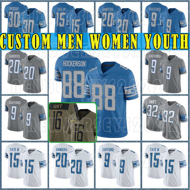 Custom 88 T.J. Hockenson 16 Jared Men Goff Football Jesery Detroit 20 Barry Sanders 32 D’Andre Swift Billy Sims Lion Penei Sewell Mike Ford
