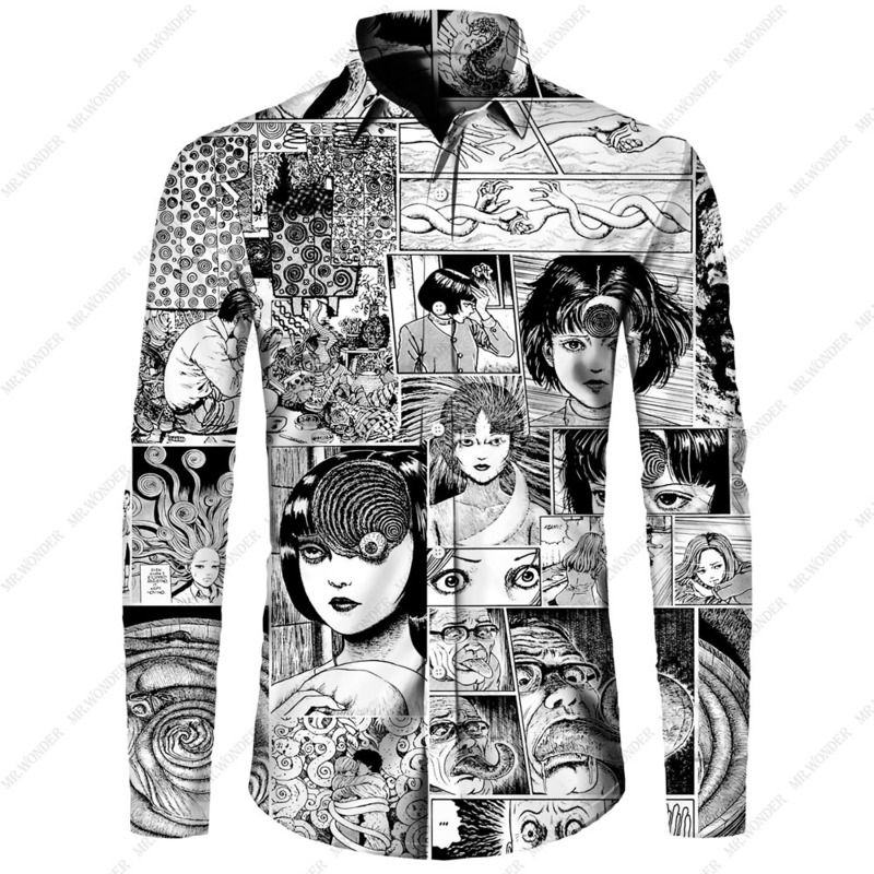 Mr.Wonder Novelty 3D Men's Horror Anime Manga Shirt Cool s Casual Button Down Beach Long Sleeve Hawaiian Tops 220322