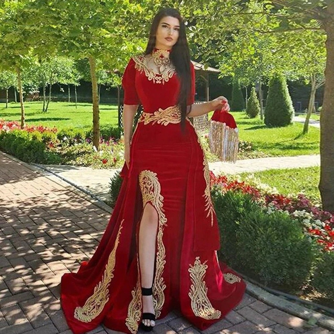 Modern Moroccan Caftan Red Velvet Evening Dresses With Detachable Skirt Side Slit Arabic Dubai Kaftan Celebrity Party Formal Gowns 2022 Women Special 