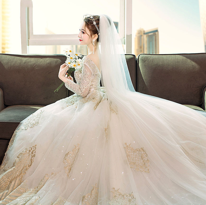 White Ball Gown Charming Wedding Dresse Organza V-Neck Backless Long Sleeve Applique Lace Wedding Dress Custom Made Pearl Vestidos De Novia Real pictu