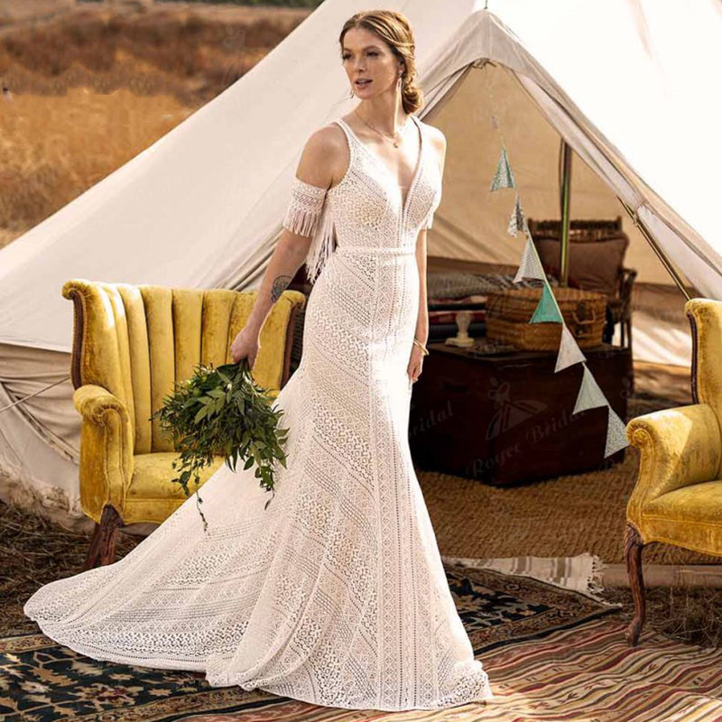 Mermaid Boho Bohemian Wedding Dress Deep V Neck Tank Open Back vintage crochet Lace pastrol country Bridal Gown Abito da sposa