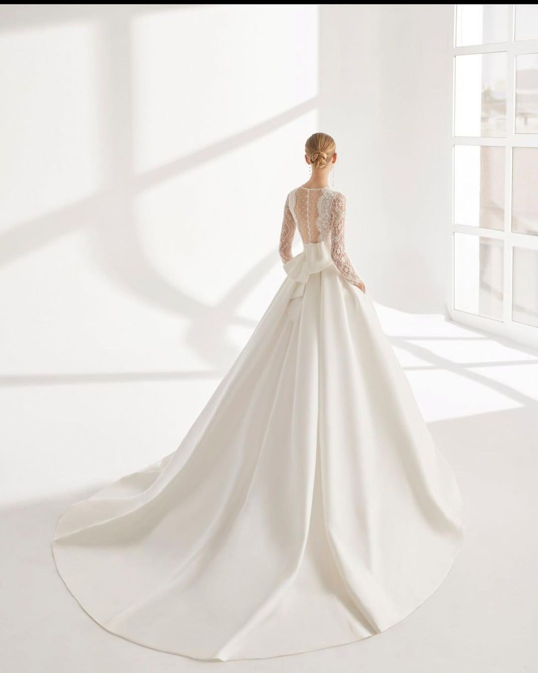 Sexy A-line Wedding Dresses Deep V Neck Long Lace Sleeve Chiffon Lace Satin High Waist Appliques Bow Tie Sequins Floor Length Boho Bridal Dress Bohemi