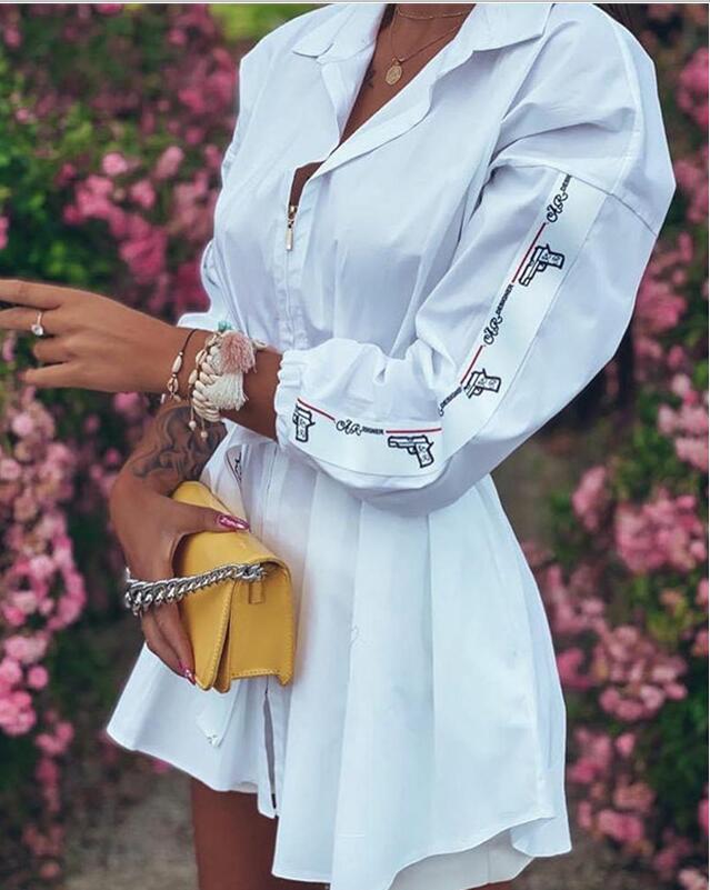 Women's Spring Dresses Autumn Letter Printed Shirts Lantern Sleeves Stitching Pleated Zipper Dress Blouse C260312
