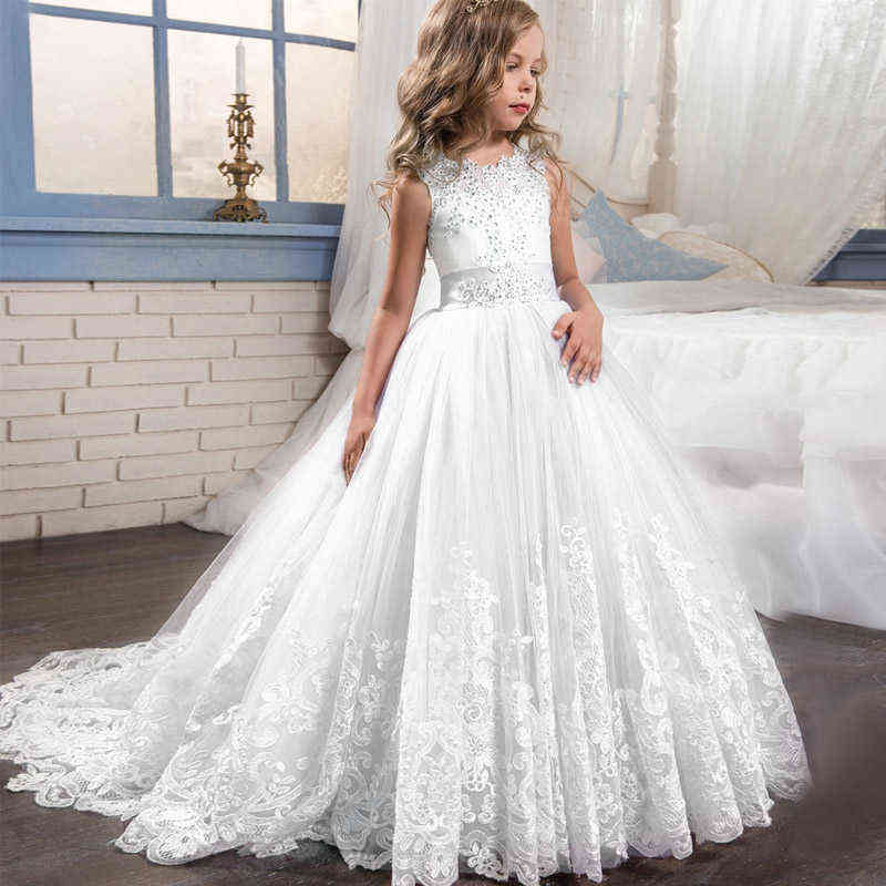 Girl Children Wedding Dress white First Holy Communion Formal long Sleeveless Lace Princess Party Prom Dress for Girl 3-12yrs Y220510