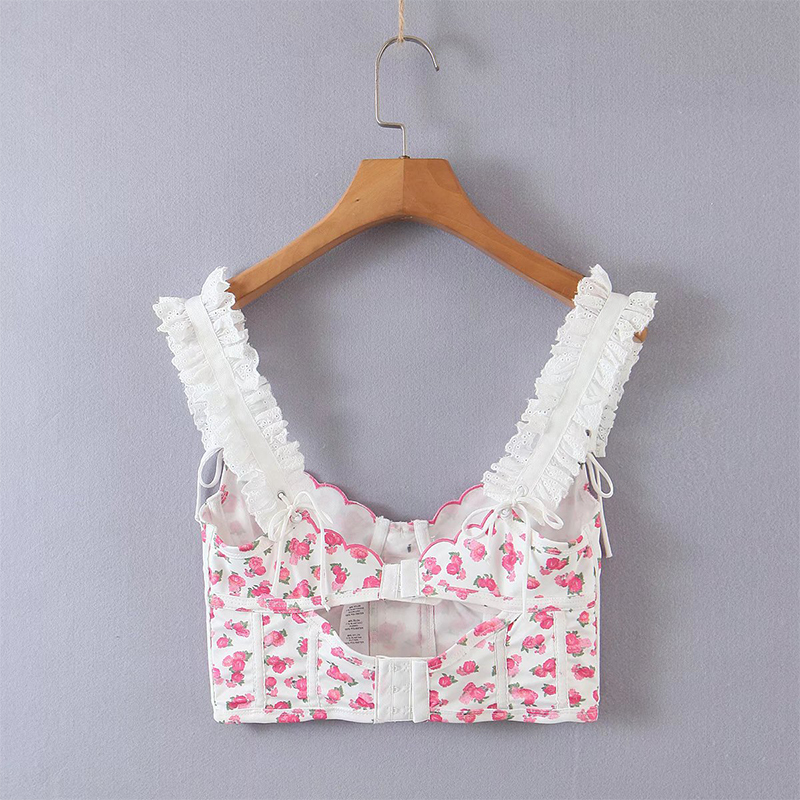 YENKYE Sexy Women White Lace Trim Sweet Floral Print Tank Top Ladies Summer Holiday Crop 220325