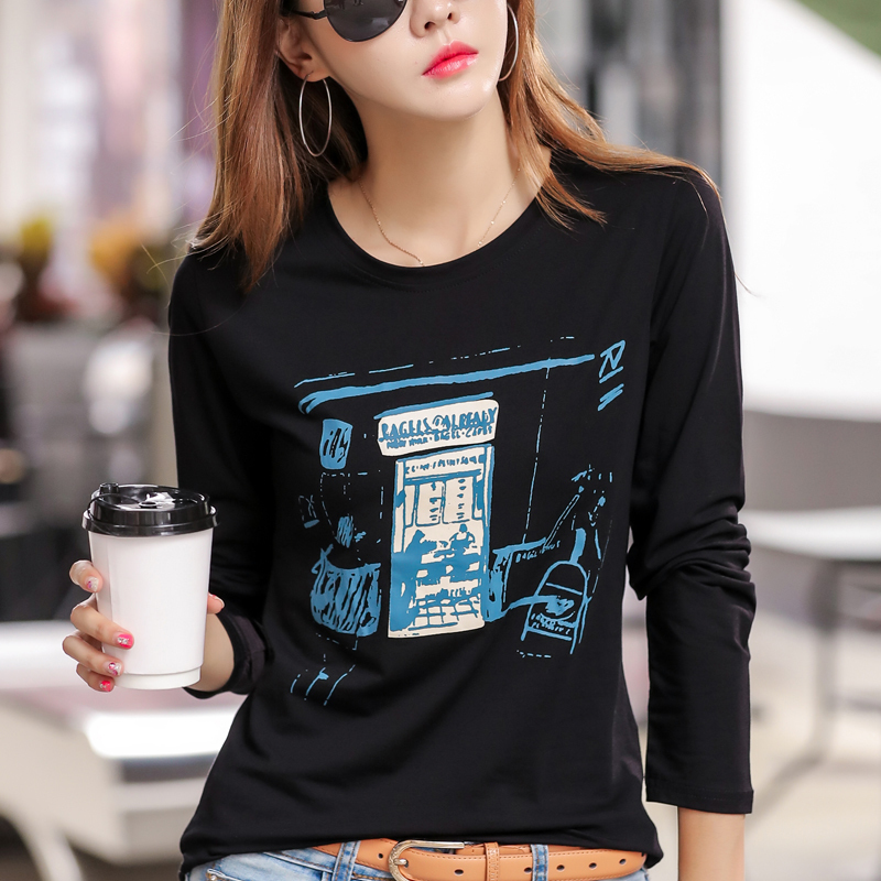 Comic Printing Autumn Loose Women T Shirt Winter O Neck Full Sleeve Cotton Fashion Shirts Feminine Green Casual Soft Tops 220728